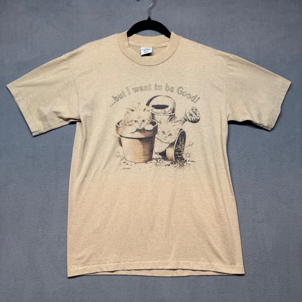 Cal‎ Cru T-Shirt Vintage 90s Kittens Gardening Graphic Tee M Tan Cute Cats Retro
